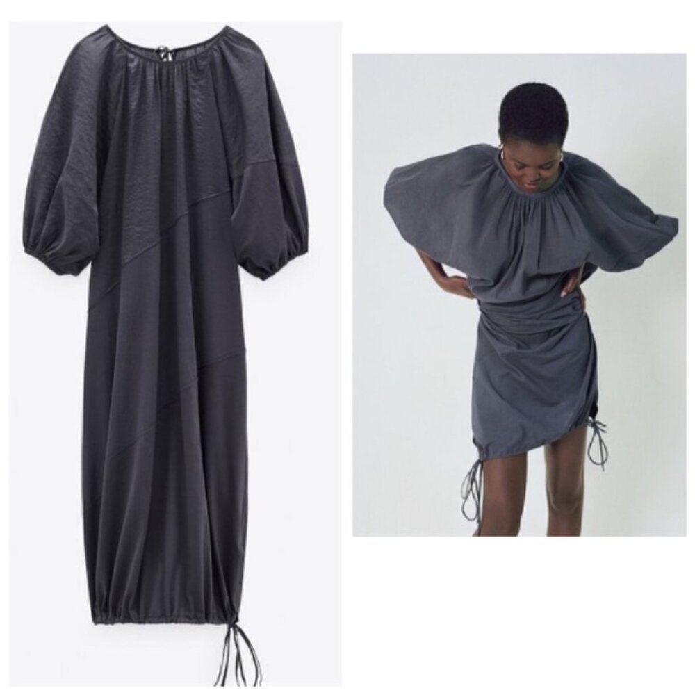 Zara NWT Oversized Convertible Drapey Dress Balloon Sleeves Midi to Mini Gray S